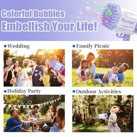 Rocket Bubble Gun – 69-Hole Bubble Blaster with Lights for Kids 3+
