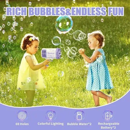 Rocket Bubble Gun – 69-Hole Bubble Blaster with Lights for Kids 3+