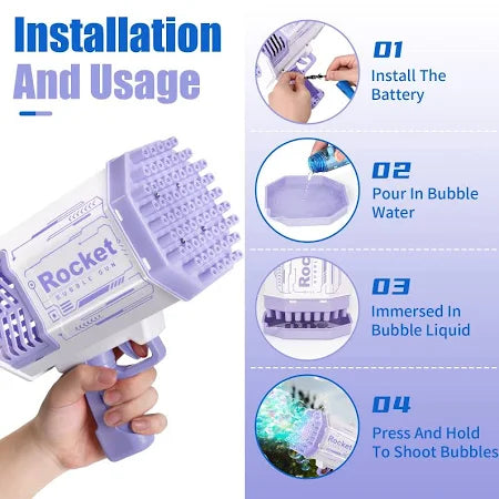 Rocket Bubble Gun – 69-Hole Bubble Blaster with Lights for Kids 3+