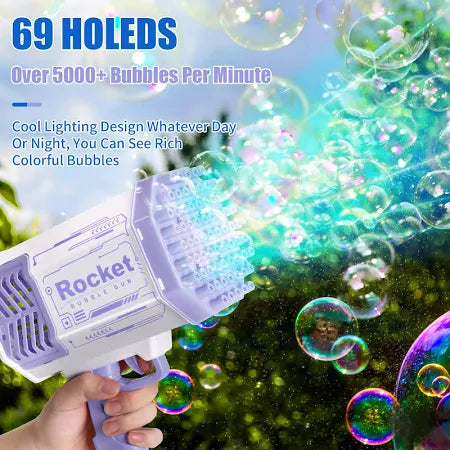 Rocket Bubble Gun – 69-Hole Bubble Blaster with Lights for Kids 3+