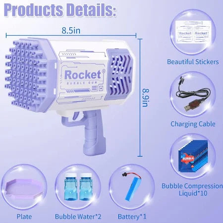 Rocket Bubble Gun – 69-Hole Bubble Blaster with Lights for Kids 3+